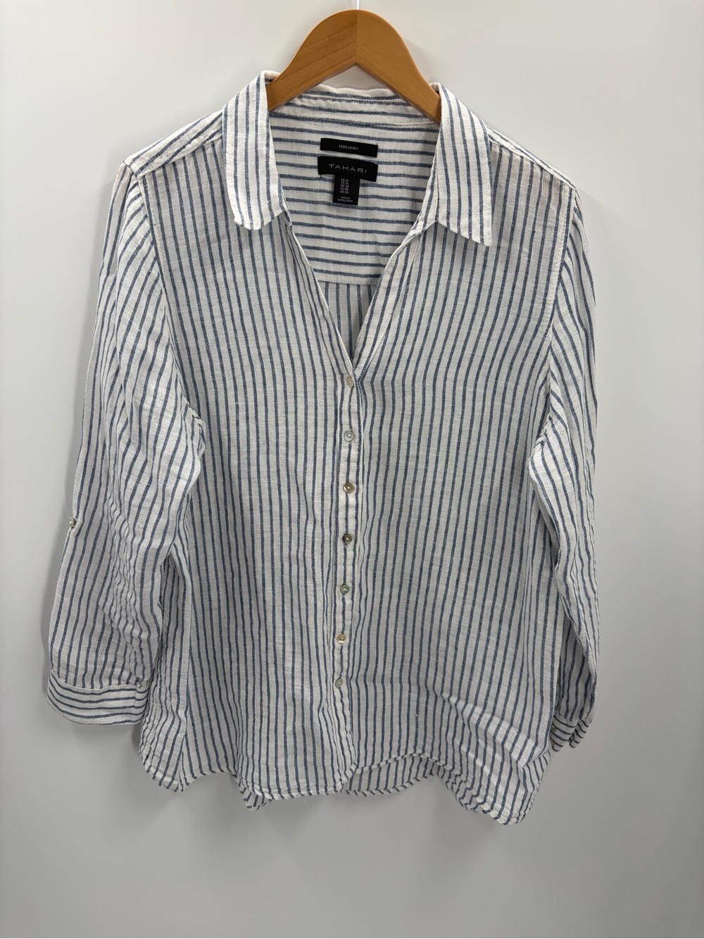 Tahari 100% Linen Blue & White Striped Button Down Shirt 1X